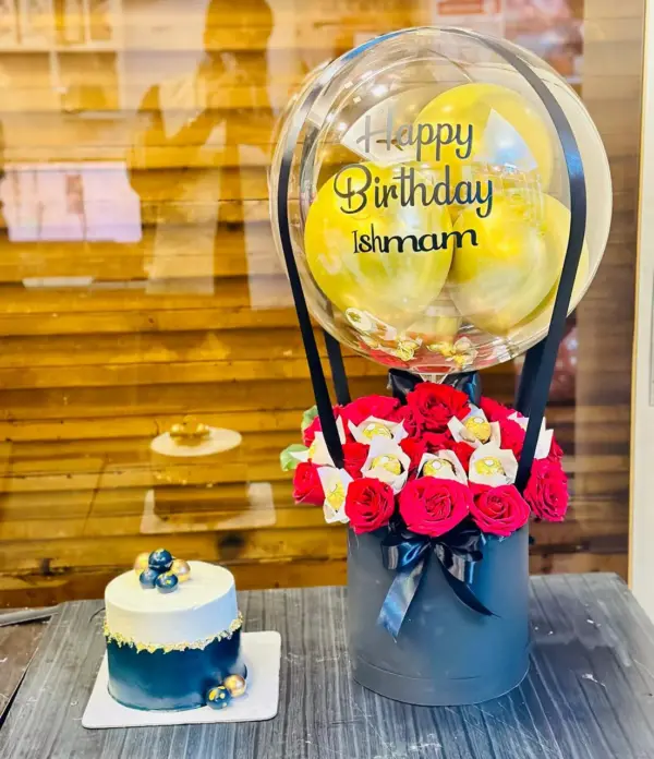 Luxury Cake & Balloon Set with Red Roses and Ferrero Rocher