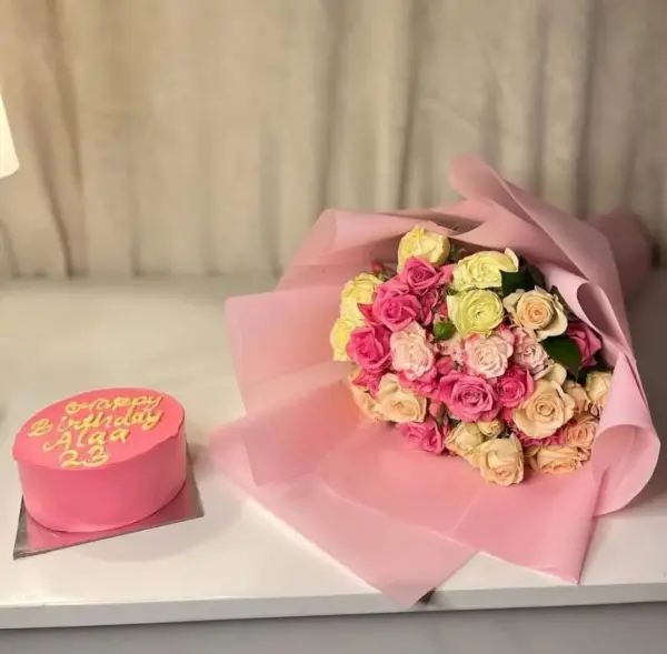 Charming Pink and Yellow Rose Bouquet with Cake