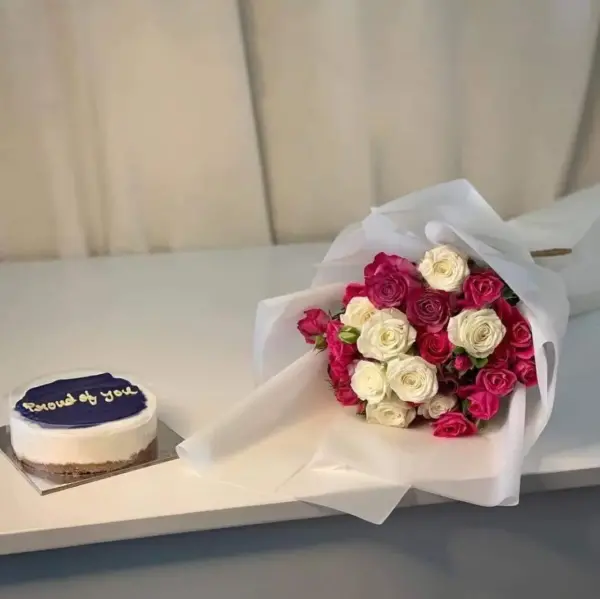 Rosy Embrace Cake with Red & White Rose Bouquet