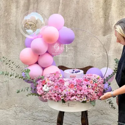 Elegant Purple & Pink Balloon Flower Cake Decoration Gift Hamper