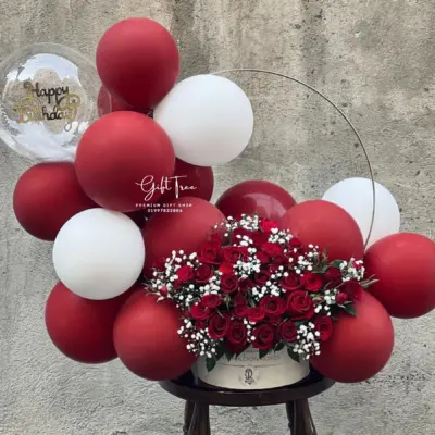 Red & White Rose with Balloon Display