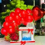 Red Rose Elegance Cake with Sky Blue and White Flourishes, Paired with Red Balloon