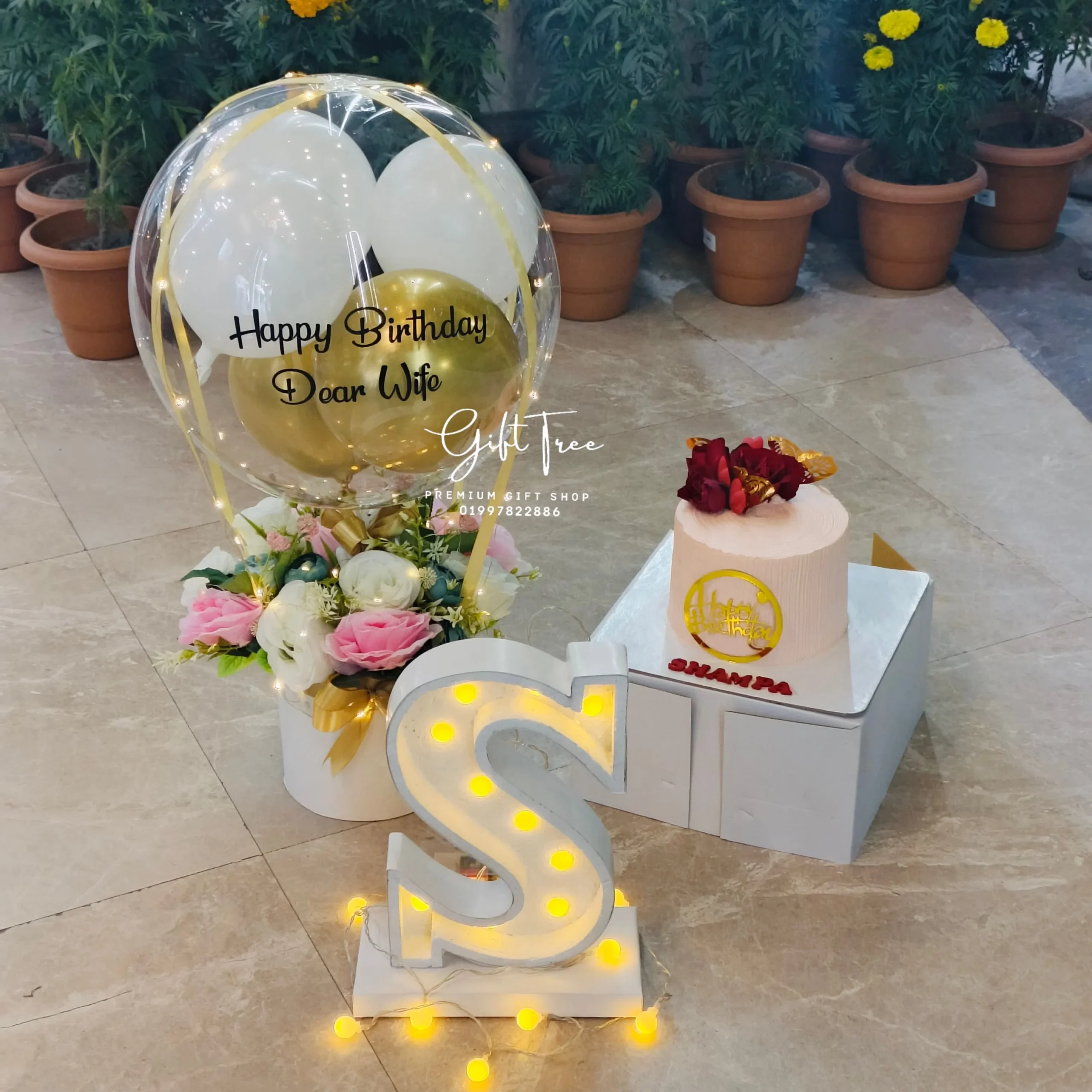 Artificial Flower Balloon Bouquet with Cake and Alphabet artificial flower balloon bouquet with 1kg cake & alphabet letters - Image 1