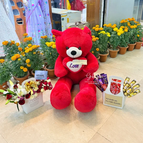 Chocolate Box, Flower Box & 5.5ft Red Teddy – Luxury Surprise Gift in Dhaka