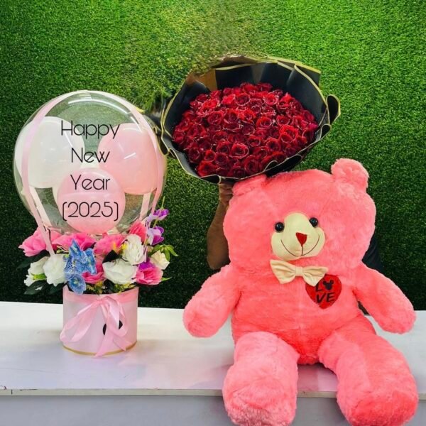 New Year Luxury Teddy, Rose & Balloon Gift Set – 2026