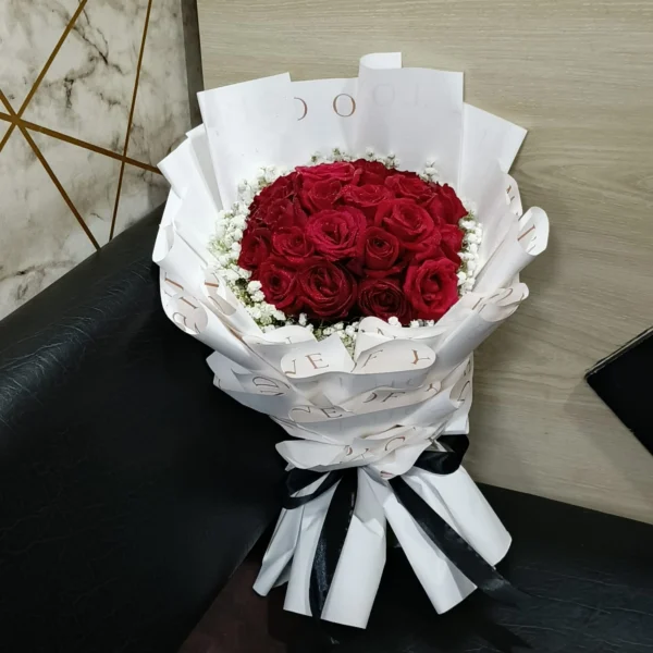 Red Rose Bouquet with Gypsy (25 Pcs) – Elegant Romantic Flower Gift in Dhaka