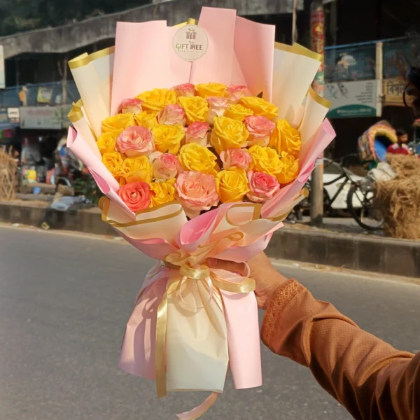 Yellow & Pink Rose Bouquet – Bright & Elegant Flower Gift in Dhaka