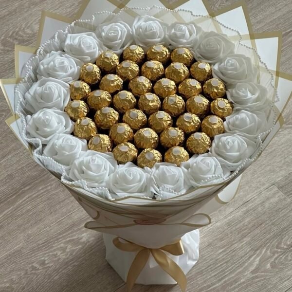 Ferrero Rocher Chocolate Bouquet with White Artificial Flowers