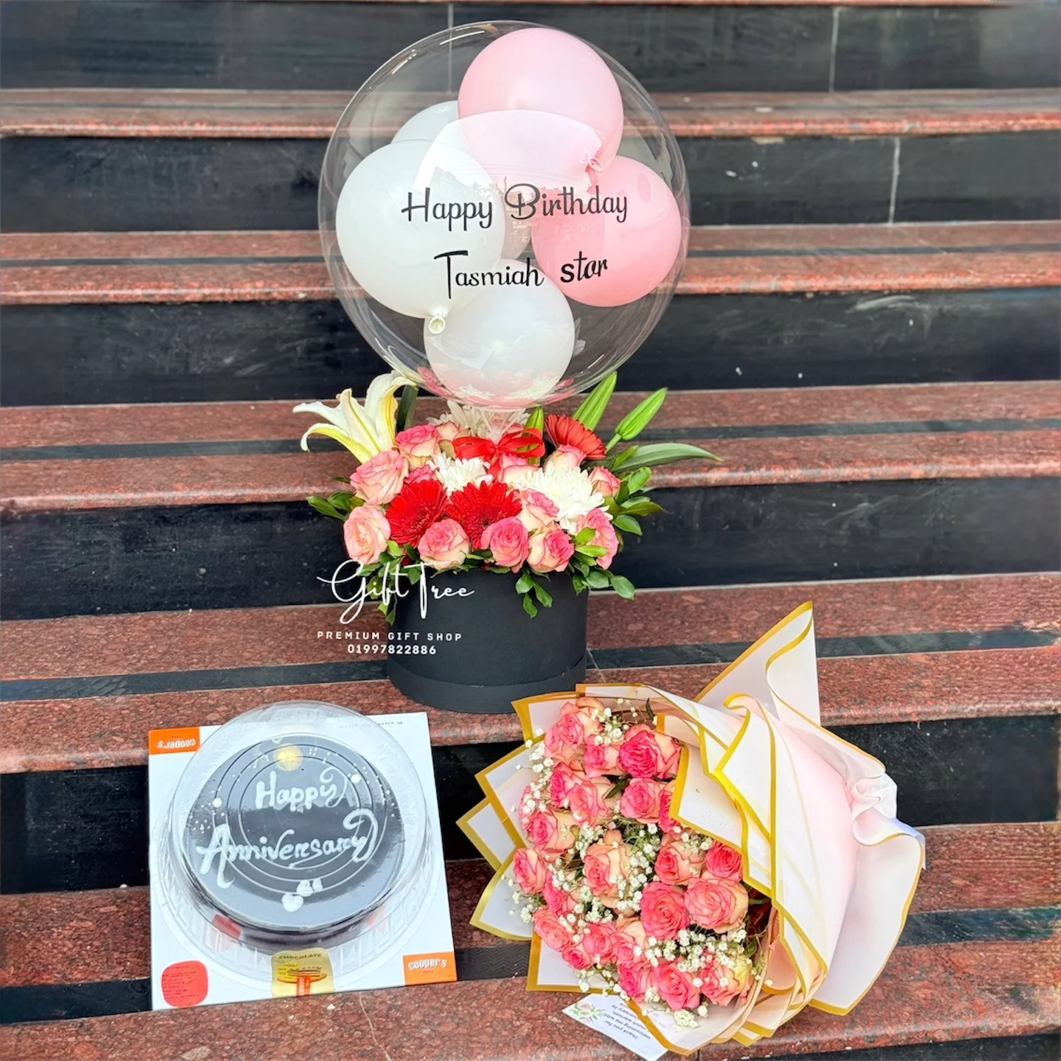 Flowers-Bouquet-with-Cake-and-Balloon-Bouquet-.webp Rose Flower Box with Balloon Bouquet, Pink Rose Bouquet & Coopers Cake – Premium Celebration Gift in Dhaka - Image 1