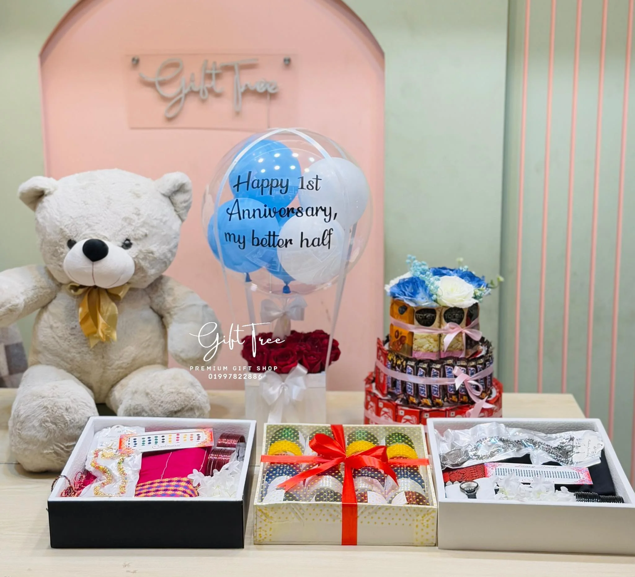 IMG_0648 Hot Air Balloon Gift Set with Teddy, Chocolate tower & Jewelry - Image 1