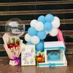 Blue Anniversary Cake with Balloon, Flowers & Photo Frame