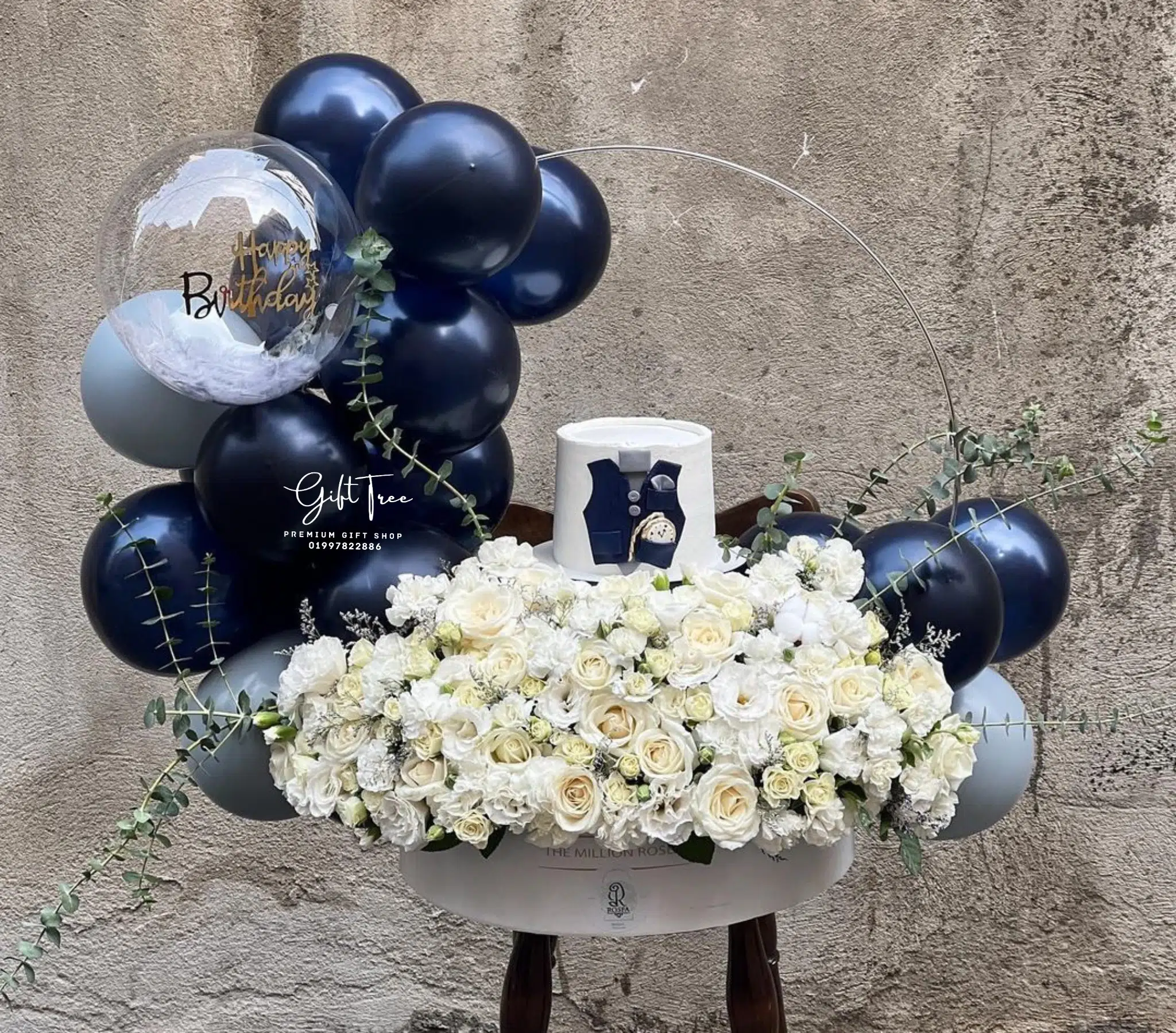 Luxury-Balloon-White-Flowers-with-Cake-Decor-Gift-Hamper.webp Luxury Balloon & White Flowers with Cake Decor Gift Hamper - Image 1
