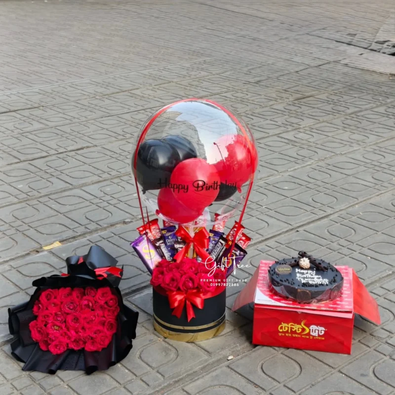 Luxury Red Birthday Combo with Cake, Roses & Chocolate Balloon ...