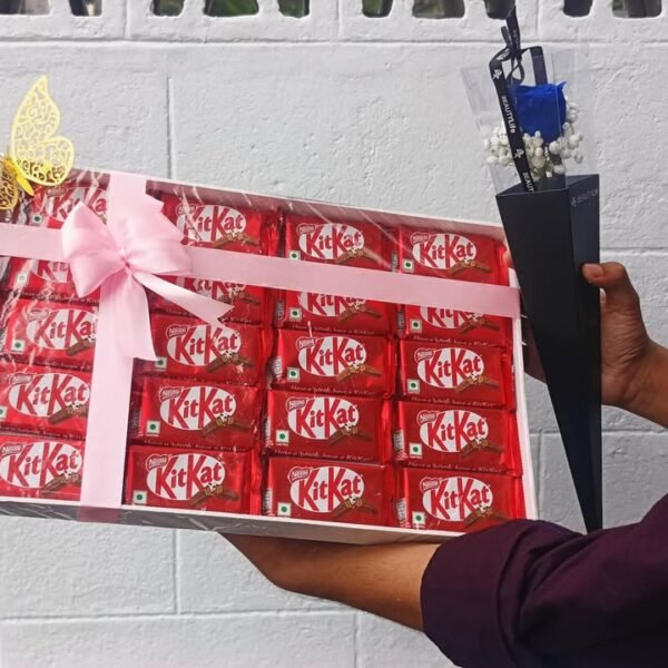 Sweet Breaks & Silent Smiles – KitKat Gift Box with Blue Rose