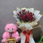 Red Rose Bouquet with Pink Teddy Bear & Ferrero Rocher