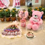 Chocolate Bouquet with Pink Teddy, Hot Air Balloon Box & Cake