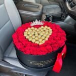 Red Roses with Heart-shaped Ferrero Rocher & Silver Crown in Black Box