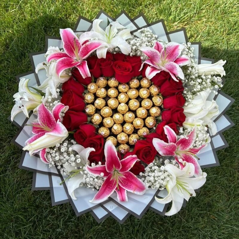 Mixed Flower Bouquet with Red Roses Lilies & Ferrero Rocher — free download