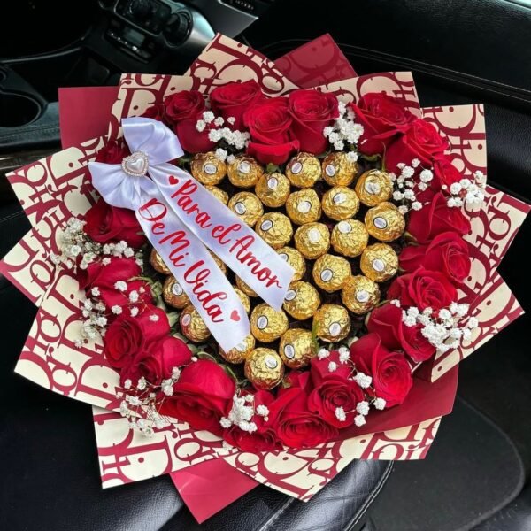 Love Ribbon Bouquet with 24 Red Roses & 24 Ferrero Rocher