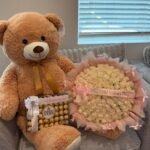 Giant Brown Teddy Bear with White Rose Bouquet & Ferrero Rocher