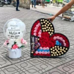 Heart-Shaped Chocolate & Flower Box with Anniversary Balloon Bouque