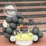 Black N White Cake & flowers With Balloon Decoration