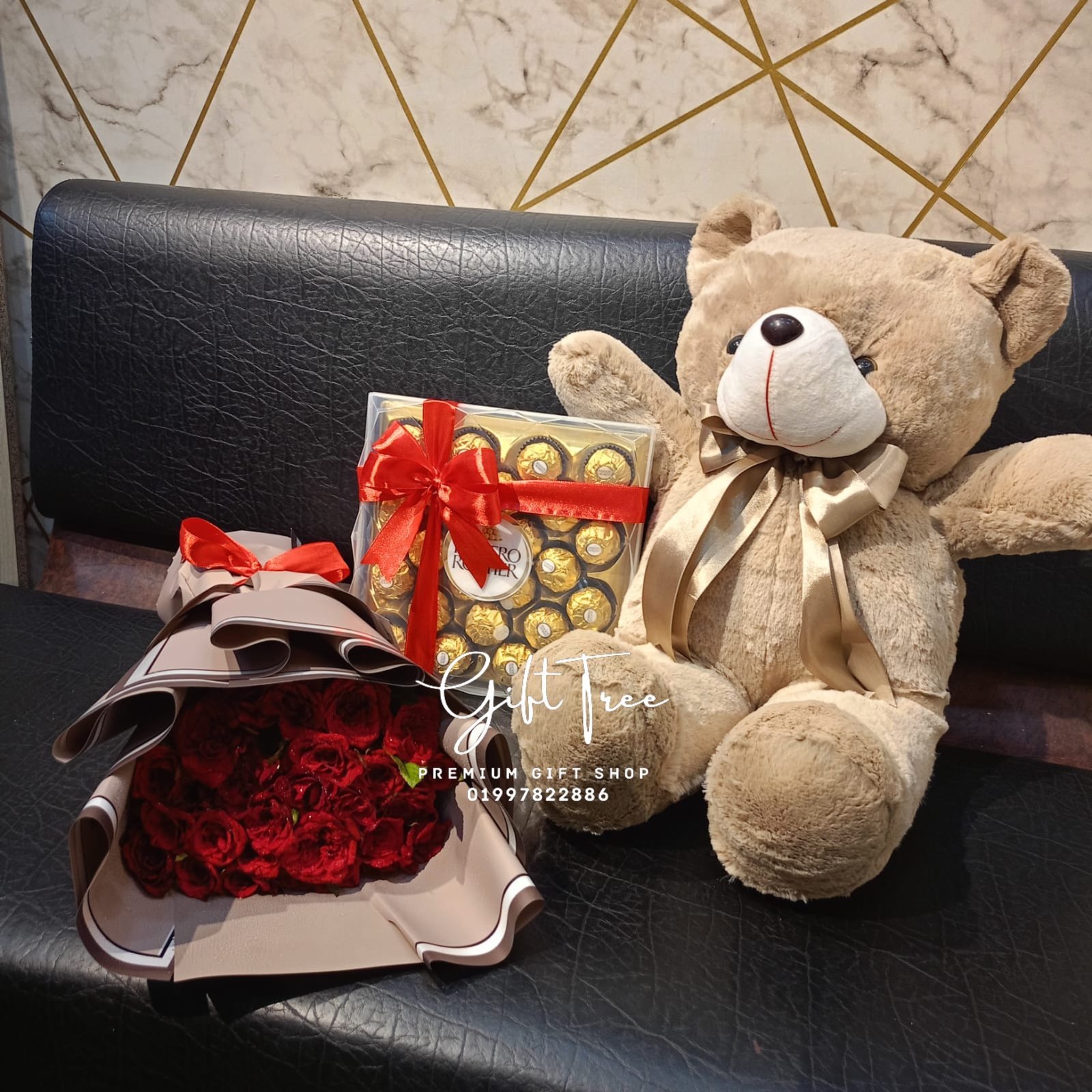 photo-output-2-3.jpeg Flowers Bouquet with 24pcs Ferrero Rocher and Doll - Image 1