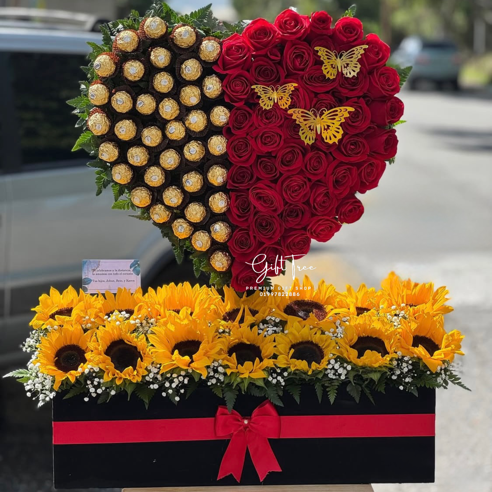 photo-output(1) Heart-Shaped Rose, Chocolate & Sunflower Box - Image 1