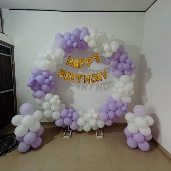 Pastel Purple and White Balloon Ring Setup with Happy Birthday Banner