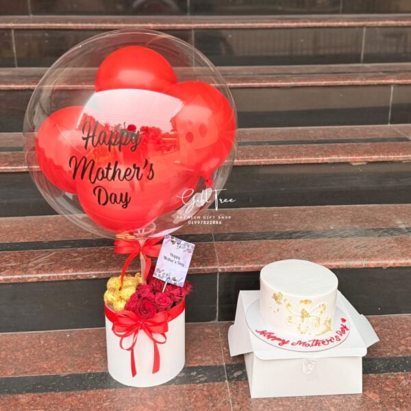 Mother’s Day Balloon Box with Red Roses & Chocolate Cake